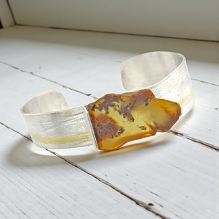 Bernstein Armreif 925/- Silber und Feingold, Bicolor Armspange Naturbernstein