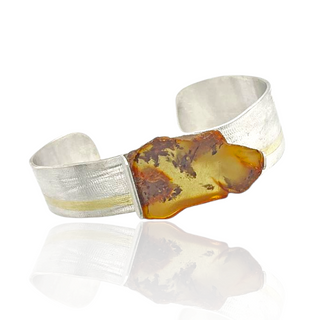 Bernstein Armreif 925/- Silber und Feingold, Bicolor Armspange Naturbernstein