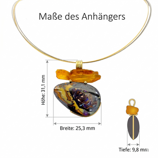 Boulder Opal und naturbelassener Bernstein Kettenanhänger aus 750 Gold und 925 Silber