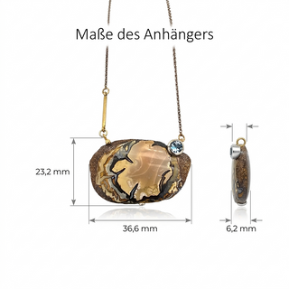 Boulder Opal Kette mit Aquamarin, 925 Silber und 750 Gelbgold Anhänger Collier, Handgefertigtes Unikat