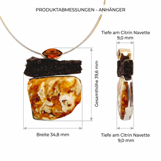 Handgefertigter Anhänger aus Naturbernstein, Citrin und versteinertem Holz aus 750 Gelbgold und 925 Silber