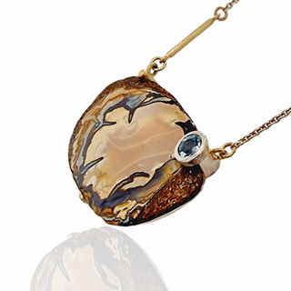 Boulder Opal Kette mit Aquamarin, 925 Silber und 750 Gelbgold Anhänger Collier, Handgefertigtes Unikat