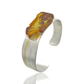 Bernstein Armreif 925/- Silber und Feingold, Bicolor Armspange Naturbernstein