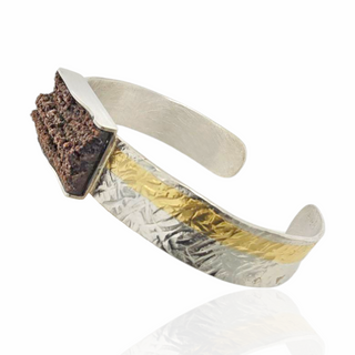 Versteinerter Holz Armreif in Silber mit Feingold Akzent – natürliche Edelstein Armspange