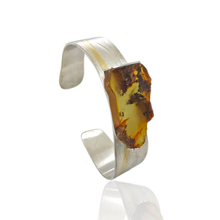 Bernstein Armreif 925/- Silber und Feingold, Bicolor Armspange Naturbernstein