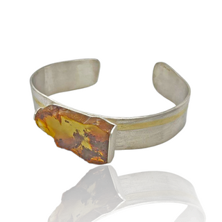 Bernstein Armreif 925/- Silber und Feingold, Bicolor Armspange Naturbernstein