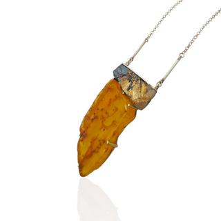 Einzigartige Bernstein und Rutilquarz Halskette aus Silber und Gelbgold