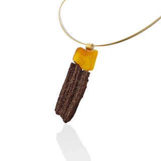 Kettenanhänger mit versteinertem Holz und Bernstein aus 925 Silber und 750 Gelbgold