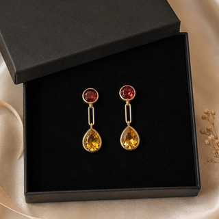 Granat und Citrin Ohrringe aus 750er Gelbgold und 925er Silber
