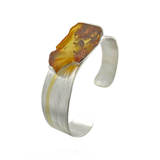 Bernstein Armreif 925/- Silber und Feingold, Bicolor Armspange Naturbernstein