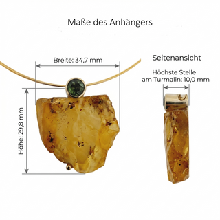Bernstein Anhänger mit Turmalin aus 925 Silber 750 Gelbgold | Naturbernstein