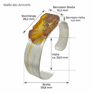 Bernstein Armreif 925/- Silber und Feingold, Bicolor Armspange Naturbernstein