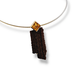 Atemberaubender Kettenanhänger mit versteinertem Holz und Citrin aus Gelbgold und Silber - Schmucklinie-shop