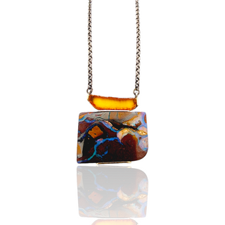 Boulder Opal und Bernstein Halskette aus Gelbgold und Silber - Schmucklinie-shop