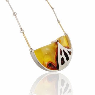 Exklusive handgefertigte Halskette aus Gelbgold und Silber mit Bernstein und Maligrossular - Schmucklinie.shop