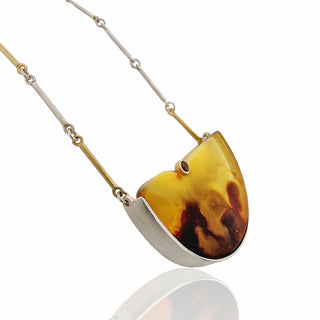 Exklusive handgefertigte Halskette aus Gelbgold und Silber mit Bernstein und Maligrossular - Schmucklinie.shop