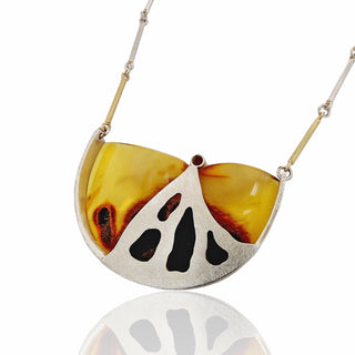 Exklusive handgefertigte Halskette aus Gelbgold und Silber mit Bernstein und Maligrossular - Schmucklinie.shop