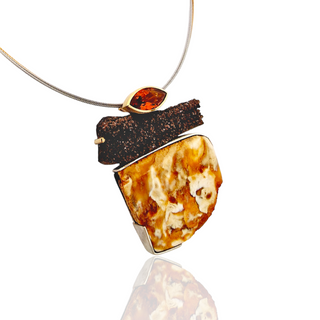 Extravaganter Bernstein Kettenanhänger mit versteinertem Holz und Citrin in Gelbgold und Silber - Schmucklinie-shop