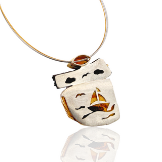 Extravaganter Bernstein Kettenanhänger mit versteinertem Holz und Citrin in Gelbgold und Silber - Schmucklinie-shop