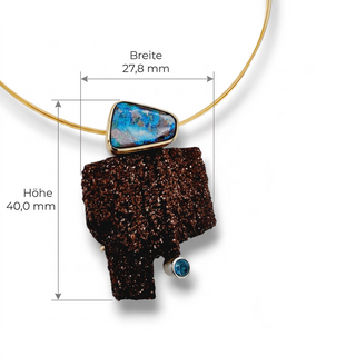 Boulder Opal Kettenanhänger 750 Gold und 925 Silber mit versteinertem Holz und Turmalin, edler Unikat Halsschmuck