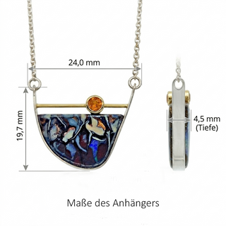 Boulder Opal und Spessartin Halskette, 925 Silber und 750 Gelbgold, moderner Edelstein Schmuck