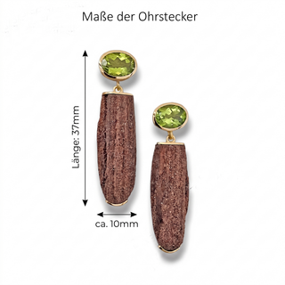 Versteinertes Holz und Peridot Ohrstecker aus 750 Gelbgold und 925 Silber, Schmuck für Sie