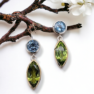 Ohrschmuck aus Gelbgold und  Silber mit Strahlende Peridot und Aquamarin - Schmucklinie-shop
