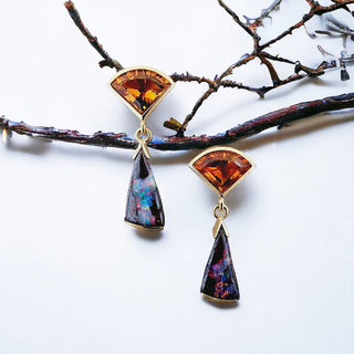 Unikat Ohrringe mit Boulder Opal und Citrin aus Gelbgold und Silber - Schmucklinie-shop