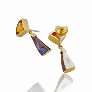 Unikat Ohrringe mit Boulder Opal und Citrin aus Gelbgold und Silber - Schmucklinie-shop