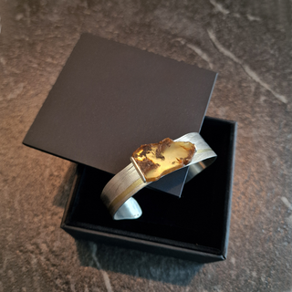 Bernstein Armreif 925/- Silber und Feingold, Bicolor Armspange Naturbernstein