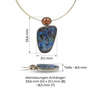 Einzigartiger Boulder Opal Anhänger mit rosa Turmalin, handgeschmiedetes Unikat aus 925 Silber